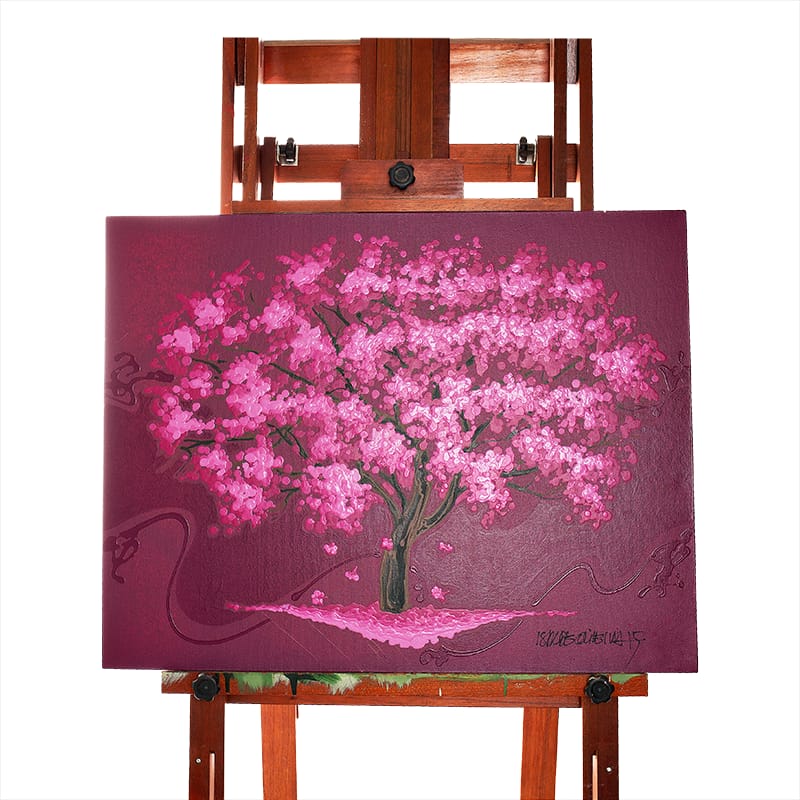 Quadro Original DNA Isaac Ipê Rosa/fundo vinho