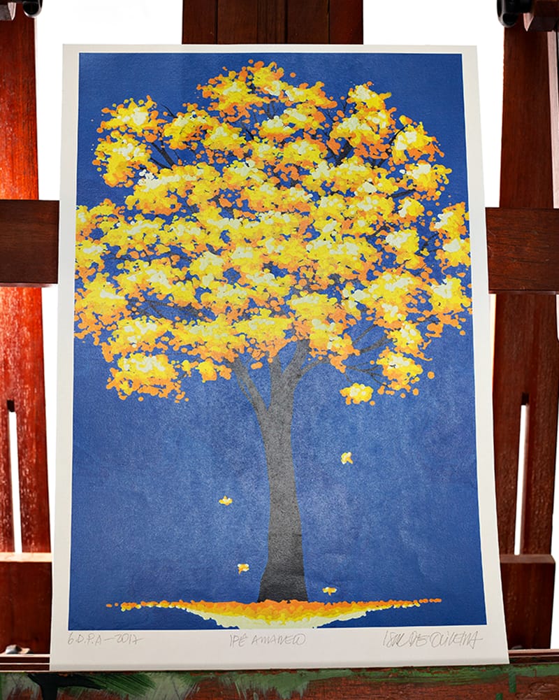 Gravura Assinatura Original Ipê Amarelo/fundo azul escuro