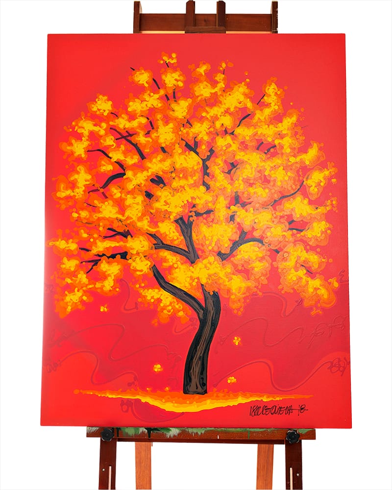 Quadro Original DNA Isaac Ipê Amarelo/fundo vermelho laranja