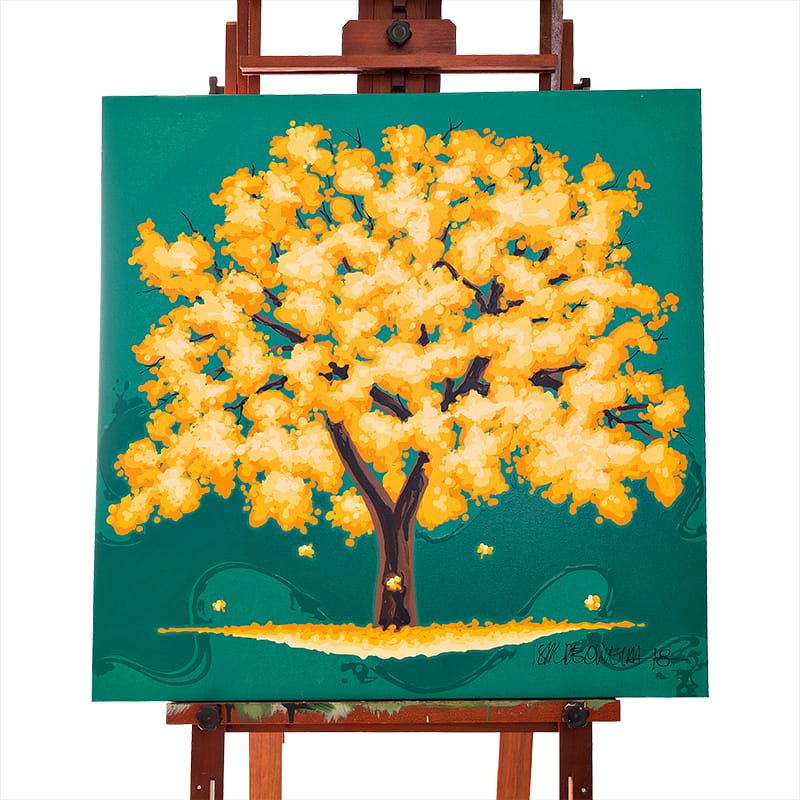 Quadro Original DNA Isaac Ipê Amarelo/fundo verde folha