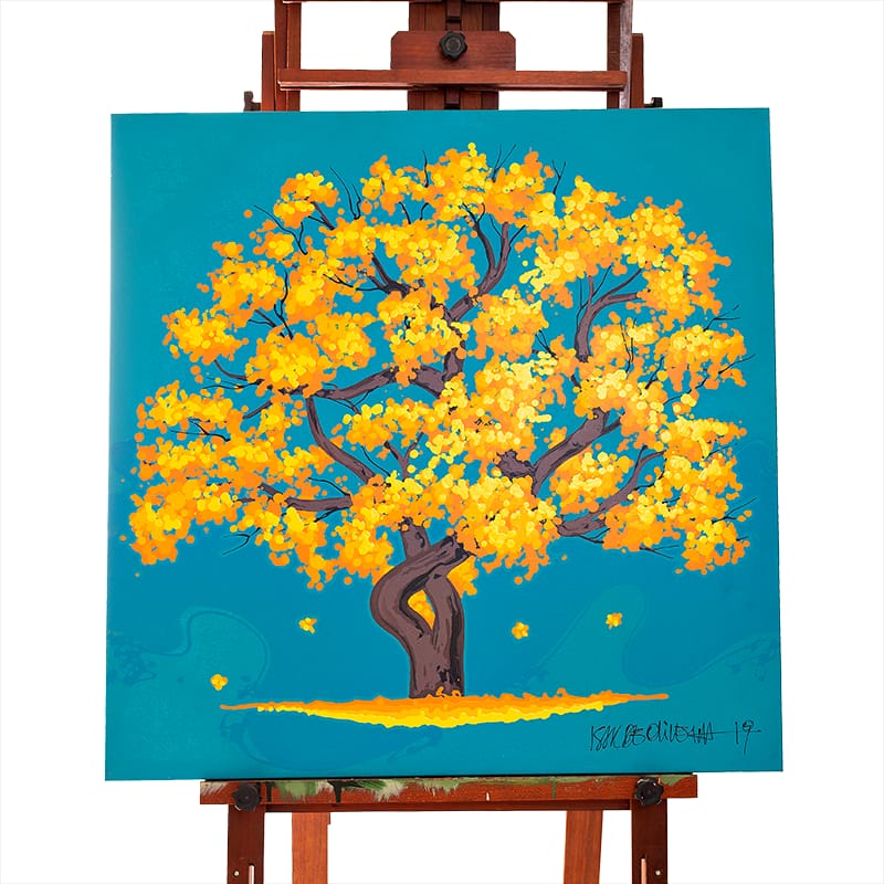 Quadro Original DNA Isaac Ipê Amarelo/fundo azul água