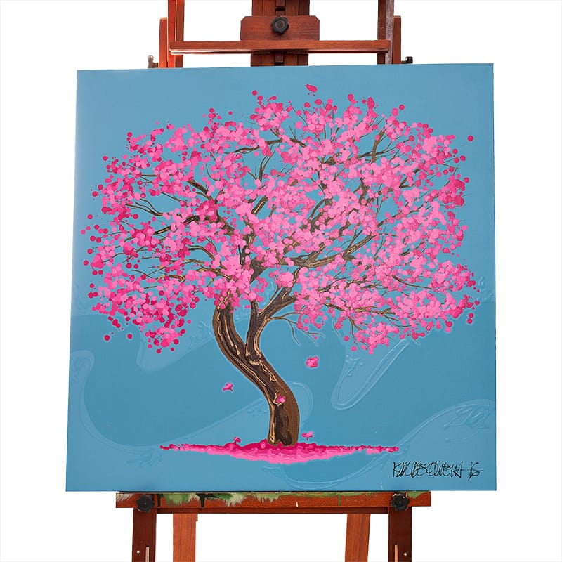Quadro Original DNA Isaac Ipê Rosa/fundo azul