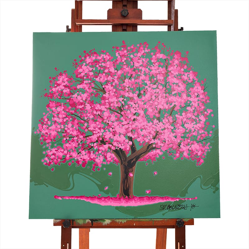 Quadro Original DNA Isaac Ipê Rosa/fundo verde fechado
