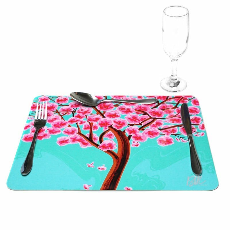 Jogo Americano Ipê Rosa Fundo Azul Claro